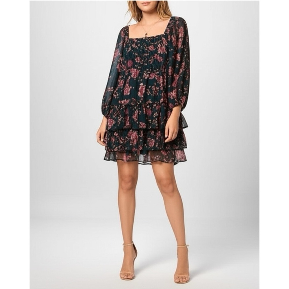 New BAND OF THE FREE Mandy Floral Pine Berry Sheer Sleeve Dress Ruffle Sz Large